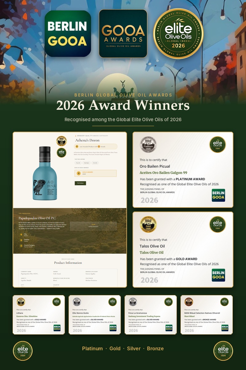 Berlin GOOA 2026 Award Winners, with winning olive oils and award certificates